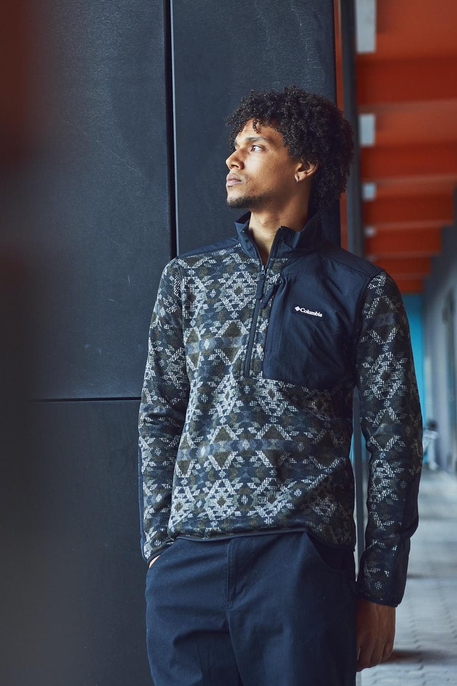 A male model wearing Columbia clothes A male model wearing Columbia clothes